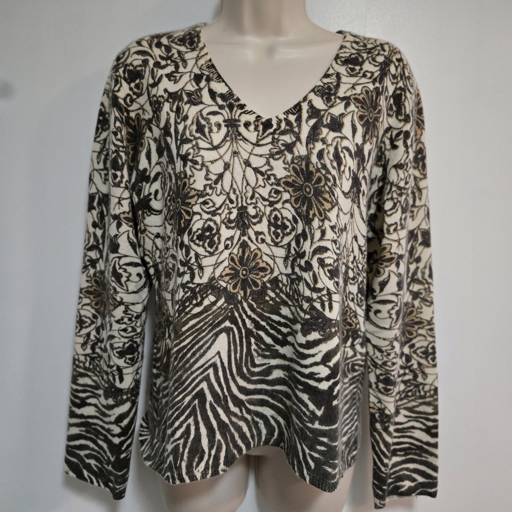 MAINBOCHER SIZE XL BEIGE BROWN FLORAL CASHMERE PULLOVER SWEATER LIGHTWEIGHT